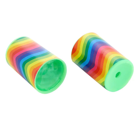 Two rainbow-patterned mini kaleidoscopes on display, part of Prism Mini Kaleidoscopes For Kids 48 Pack With Six Designs Blue Party Favors.