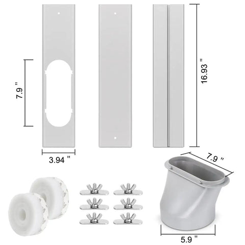 Portable AC Window Vent Kit With 5.9 Inch Exhaust Hose And 78.7 Inch Length components including plates, hose adaptors, and screws