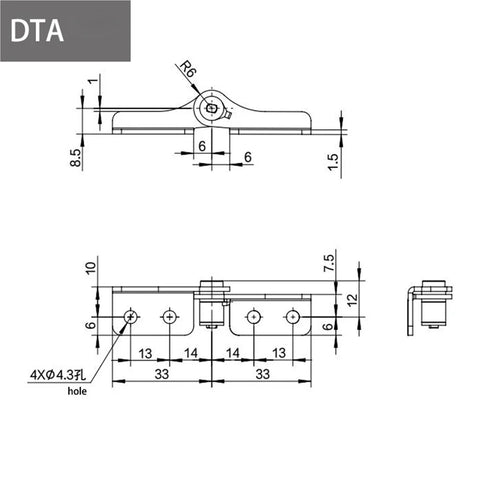 Front view of stainless steel damping hinge with adjustable torque stop; DTA left-right, 0.8 N·m, mounting holes