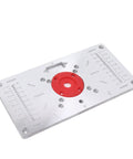 Hefty Aluminum Router Plate With Four Snap On Insert Rings For Sharp Wood Milling Trimming And Butter Smooth Engraving Jobs Shop Pro Gear that displays a precision aluminum insert with measurement markings.