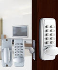 Keyless Digital Door Lock Set With Push Button Code Entry For Home And Business, shown installed on a wooden door