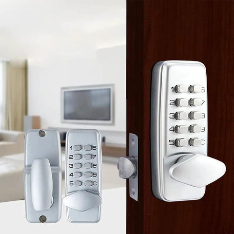 Keyless Digital Door Lock Set With Push Button Code Entry For Home And Business, shown installed on a wooden door