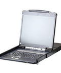 Legit 16 Port Kvm Over Ip Switch With 17 Inch Lcd Panel For Smooth Remote Server Management And Rack Console Access Includes German Keyboard Design open with keyboard and screen shown.