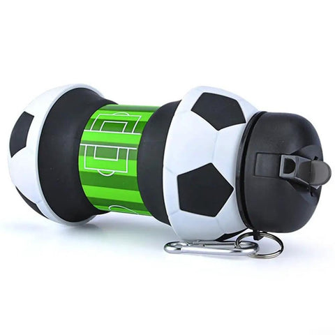 Grab and Go Foldable Silicone Water Bottle 550ml Collapsible Sport Hydration Bottle with soccer ball design and carabiner