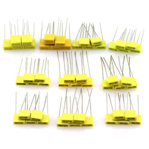 Film Box Capacitor Assortment Kit 240Pcs, Metallized Polyester Capacitors 1nF To 1uF, 24 Values, 63V-100V displayed on table