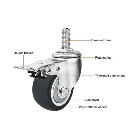 Heavy Duty Industrial Caster Wheels With Swivel And Brake, showcases threaded stem, double brakes, and polyurethane wheels
