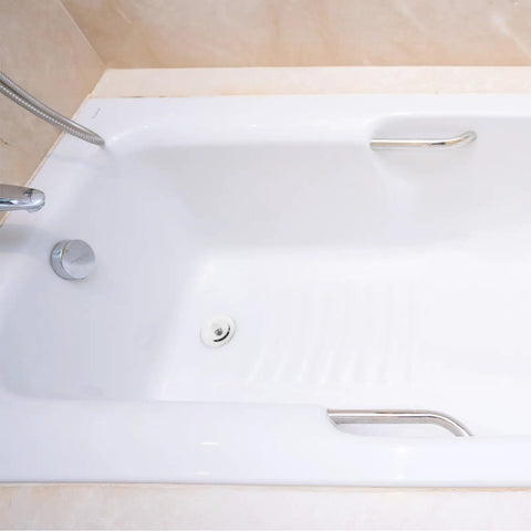 Universal Bathtub Drain Stopper, Stainless Steel Silicone, 42-44mm in a white bathtub with a chrome faucet.