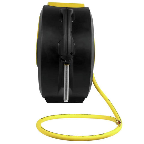 Three Eighths Inch Fifty Foot Hybrid Polymer Air Hose With Auto Retract Enclosed Reel Bright Yellow Durable And Flexible