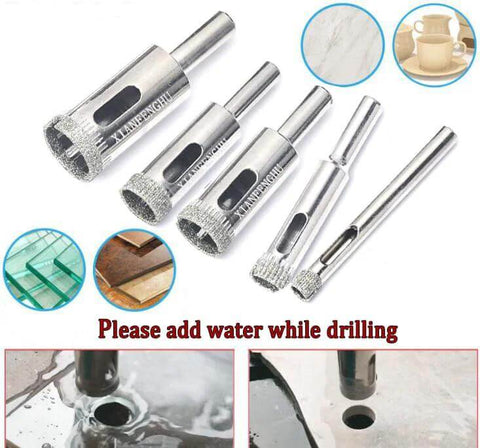 Front view of 10-piece diamond drill bit set for glass and tile, sizes 1/8–11/16 in.
