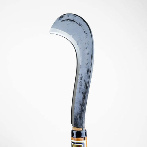 Close-up of Long Handle Scythe With Double Edged Aogami No 2 Blade showing blade detail, handmade in Japan, 23.6 inch total length.
