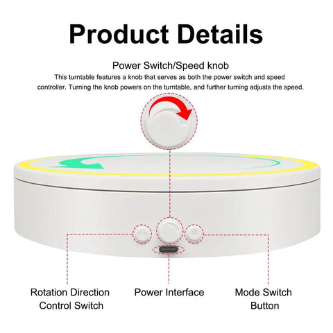 Close-up view of Motorized 360 Degree Spinning Turntable With Adjustable Speed And Direction Type C Powered Rotating Display Stand.
