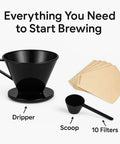 Single Cup Pour Over Coffee Dripper With Scoop And Ten Filters, Cone Size Two Manual Brewer, BPA Free Plastic displayed