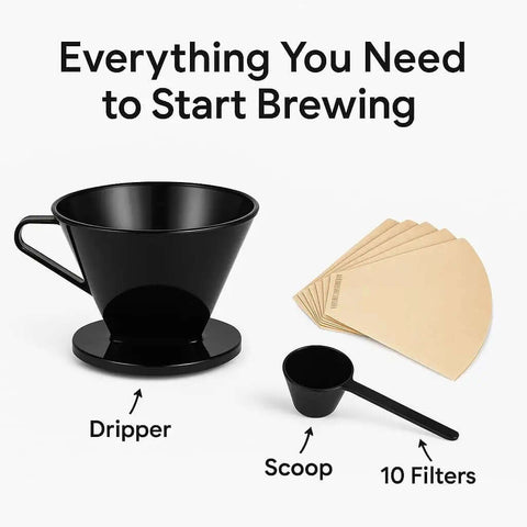 Single Cup Pour Over Coffee Dripper With Scoop And Ten Filters, Cone Size Two Manual Brewer, BPA Free Plastic displayed