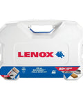 Lenox 26-piece bi-metal hole saw kit in white case, front view.