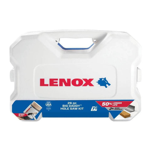 Lenox 26-piece bi-metal hole saw kit in white case, front view.