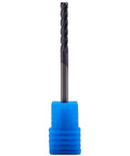 Front view: AlTiN-coated solid carbide end mill, 1/8 in dia, 4 flutes, 30-degree helix, blue protective cap.