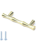 Set Of Four Bamboo Shape Cabinet Pulls In Brushed Gold Finish With Center Hole 2.5 Inches Including Screws 3.7 Inch Total Length Durable Zinc Alloy Drawer Pulls For Kitchen And Furniture close-up
