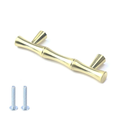 Set Of Four Bamboo Shape Cabinet Pulls In Brushed Gold Finish With Center Hole 2.5 Inches Including Screws 3.7 Inch Total Length Durable Zinc Alloy Drawer Pulls For Kitchen And Furniture close-up