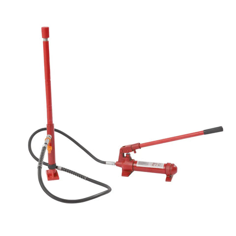 Heavy Duty Auto Body Frame Repair Tool Kit With Storage Case Red - 15-Piece Set showing hydraulic ram and pump