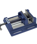 Low Profile Drill Press Vise 3 Inch With Precision Jaw Design for tight grip and quick clamping, blue cast iron body close-up.