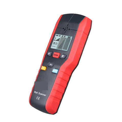 Reliable Stud Finder And Wall Scanner Built For Dead Simple Detection Of Live Wires Pipes And Wood With Deep Scanning Range Pro Grade Tool That Cuts Through Drywall For Zero Hassle Diy Projects handheld wall scanner with LCD screen and buttons for detecting wiring.