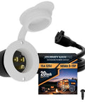 15 Amp AC Power Inlet Port With 20 Inch Outdoor Extension Cord Waterproof Shore Power Receptacle For RV Boat Truck Marine And Industrial Use 125 Volt 5 15R, showing power inlet, extension cord, and packaging