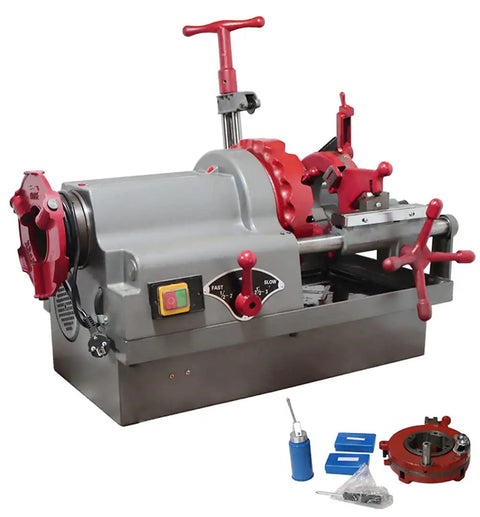 Pro Grade 110V Electric Pipe Threading Machine 750W Motor with red handles and controls, designed for easy cuts and reams of pipes.