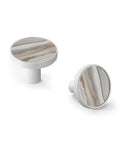 Soft Cream Onyx Cabinet Knobs Six Pack With White Base Modern Drawer Pulls with marble veining in solid zinc alloy for kitchen and bath.