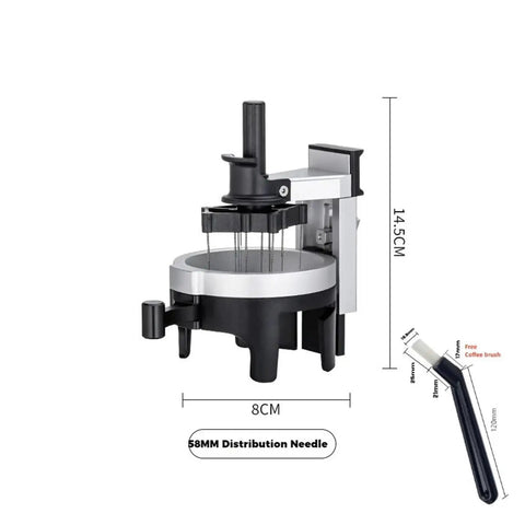 58mm Espresso WDT Distribution Tool With Twelve Sleek Needles And Fully Adjustable Depth for consistent coffee preparation.