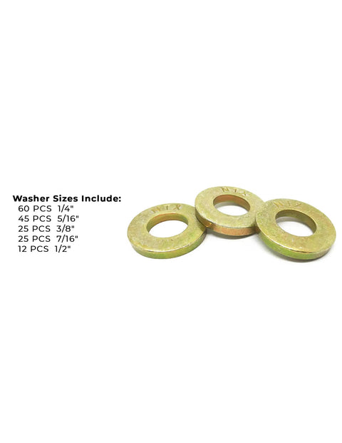 Heavy Duty Grade 8 SAE Extra Thick Flat Washer Kit 1/4 To 1/2 Inch Sizes With Zinc Yellow Finish, 3 washers shown.
