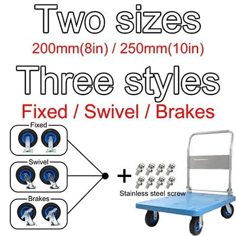 Two sizes and three styles of Heavy Duty Swivel Casters Pack Of 2 With Secure Brakes And Mounting Plates featured on a cart.