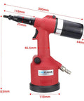 Industrial Hydraulic Pneumatic Riveter Kit For Rivnuts And Riveting Pro Grade Auto Air Gun with dimensions labeled red tool