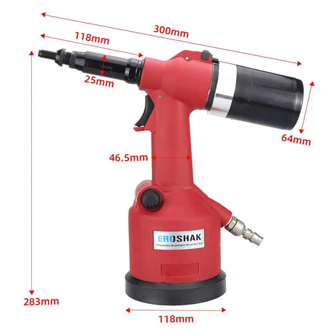 Industrial Hydraulic Pneumatic Riveter Kit For Rivnuts And Riveting Pro Grade Auto Air Gun with dimensions labeled red tool