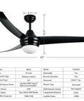 52 Inch Black Ceiling Fan With Remote Control And Light Kit For Bedroom Living Room Kitchen Whisper Quiet 3 Speed Reversible Motor ETL Listed E26 Base Frosted Glass Shade