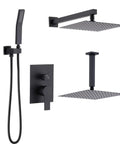 10-Inch Ceiling Mount Rainfall Shower System with All-Metal Handheld Sprayer in Matte Black, showcasing the overhead and handheld components.