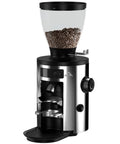 Barista Level Electric Coffee Grinder With Stepless Control And 54Mm Steel Flat Burrs showing chrome body and coffee bean hopper.