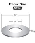 Front view: stainless steel flat washer, 5/8 in OD, 1/4 in hole, 0.06 in thick, 250 pcs
