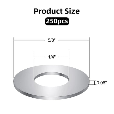 Front view: stainless steel flat washer, 5/8 in OD, 1/4 in hole, 0.06 in thick, 250 pcs