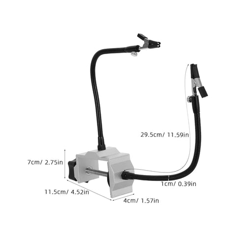 Helping Hands Soldering Table Clamp Dual Arm Third Hand Tool for PCB Holder with Nonskid Vise shown with measurements