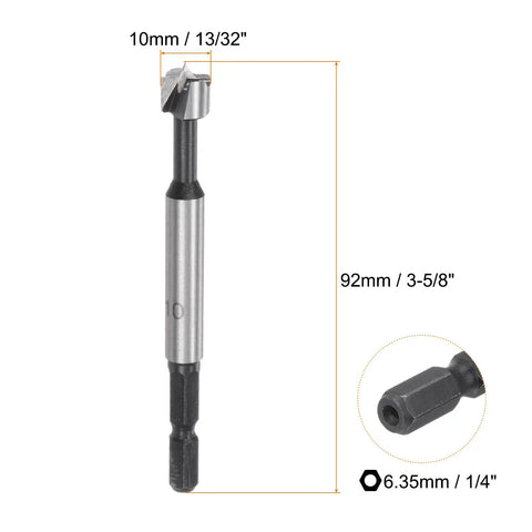 Built Tough 2 Pack Forstner Drill Bits 10mm And 13 32 Inch with hex shank and serrated edge, ideal for clean hole cutting.