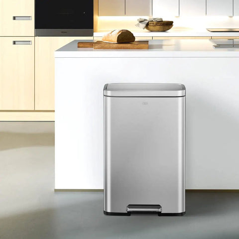 Matte Stainless Steel Step Trash Can With Hands Free Foot Pedal And Inner Liner 50 Liter 13.2 Gallon in modern kitchen