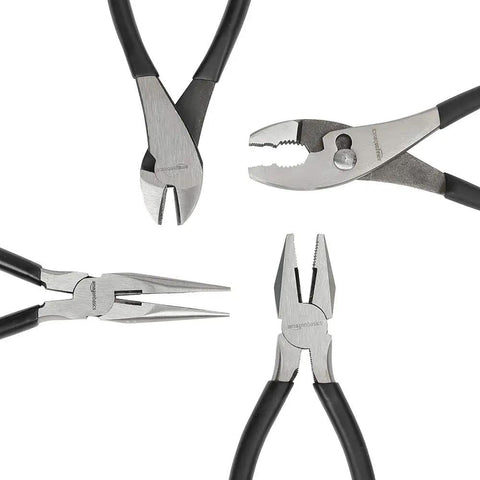 Versatile Pliers Set For DIY Home Maintenance Including 8 Inch Needle Nose Pliers, 8 Inch Diagonal Cut Pliers, 8 Inch Slip Joint Pliers, And 7 Inch Lineman Pliers For Precise Grips And Everyday Wire Cutting, displayed in a circular arrangement, showing different plier types.