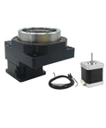 Hella Precise CNC Hollow Rotary Table With Nema17 Stepper Motor And 40Mm Servo Reducer showing black motor and metallic hollow platform.