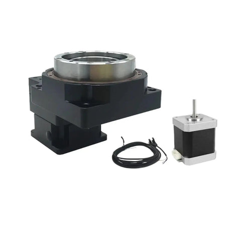 Hella Precise CNC Hollow Rotary Table With Nema17 Stepper Motor And 40Mm Servo Reducer showing black motor and metallic hollow platform.