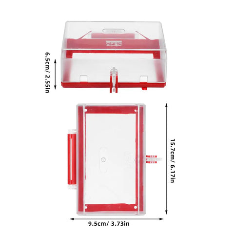 Top view of an emergency stop button cover lockout guard transparent push button switch protector for electrical equipment safety, dimensions 6.18 by 3.74 by 2.55 inches.