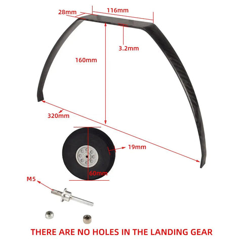 Carbon Fiber RC Landing Gear 300 Pound 75E With Sponge Foam Wheels 2.36 Inch Wheel Set For RC Airplanes, gear dimensions shown