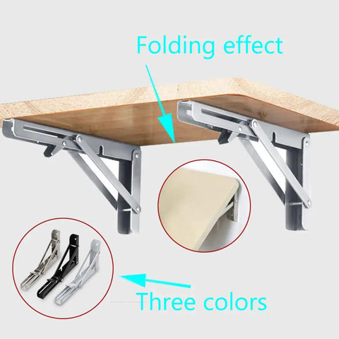 Heavy Duty Stainless Steel Shelf Brackets L Shaped Wall Support Corners With Kickass Rust Proof Finish For Kitchen And Bedroom Shelving Solid Anti Corrosion Mounting Hardware Pair showing folding effect and available in three colors.