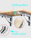 Heavy Duty Stainless Steel L Shaped Shelf Brackets With Corrosion Resistant Wall Supports For Kitchen And Bedroom Storage mounted on a wooden shelf.