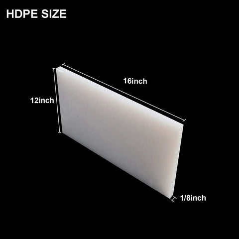 White HDPE Plastic Sheet One Eighth Inch Thick Twelve By Sixteen Inch For Machining And DIY Projects Great For Home Improvement Tasks Engineering Use Water And Chemical Resistant Impact Resistant Sheet, dimensions shown.