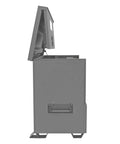 Heavy Duty All Welded Steel Job Site Cabinet For Secure Outdoor Storage With Forklift Ready Legs and Triple Padlock Security in side view with lid open.